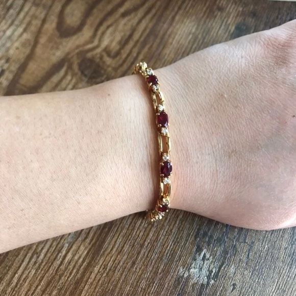 Gold over sterling 925 genuine diamond and garnet tennis bracelet. Like new. - Picture 12 of 13